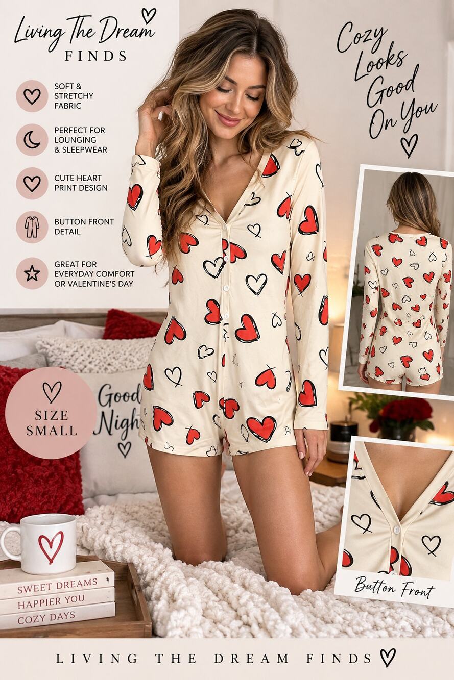 Womenโs Heart Print One Piece Romper Pajama Bodysuit Long Sleeve Size Small